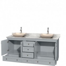 72 inch Double Bathroom Vanity in Oyster Gray, White Carrera Marble Countertop, Avalon Ivory Marble Sinks, and No Mirrors