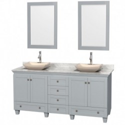 72 inch Double Bathroom Vanity in Oyster Gray, White Carrera Marble Countertop, Avalon Ivory Marble Sinks, and 24 inch Mirrors