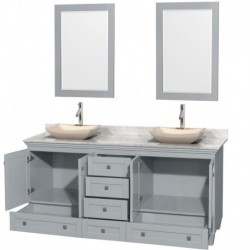 72 inch Double Bathroom Vanity in Oyster Gray, White Carrera Marble Countertop, Avalon Ivory Marble Sinks, and 24 inch Mirrors