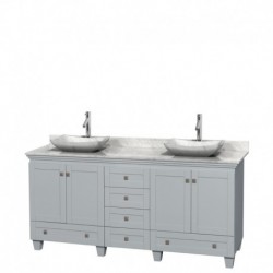 72 inch Double Bathroom Vanity in Oyster Gray, White Carrera Marble Countertop, Avalon White Carrera Marble Sinks, and No Mirro