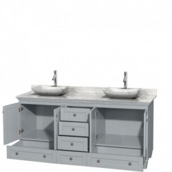 72 inch Double Bathroom Vanity in Oyster Gray, White Carrera Marble Countertop, Avalon White Carrera Marble Sinks, and No Mirro