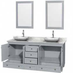 72 inch Double Bathroom Vanity in Oyster Gray, White Carrera Marble Countertop, Avalon White Carrera Marble Sinks, and 24 inch