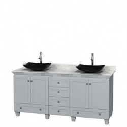 72 inch Double Bathroom Vanity in Oyster Gray, White Carrera Marble Countertop, Arista Black Granite Sinks, and No Mirrors