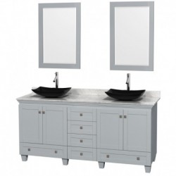 72 inch Double Bathroom Vanity in Oyster Gray, White Carrera Marble Countertop, Arista Black Granite Sinks, and 24 inch Mirrors