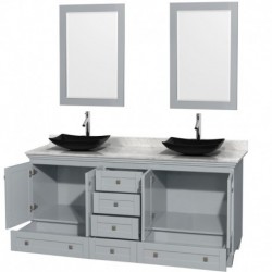 72 inch Double Bathroom Vanity in Oyster Gray, White Carrera Marble Countertop, Arista Black Granite Sinks, and 24 inch Mirrors
