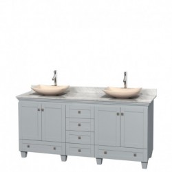 72 inch Double Bathroom Vanity in Oyster Gray, White Carrera Marble Countertop, Arista Ivory Marble Sinks, and No Mirrors
