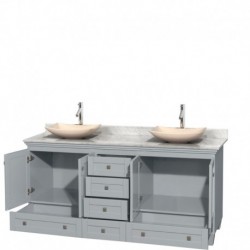 72 inch Double Bathroom Vanity in Oyster Gray, White Carrera Marble Countertop, Arista Ivory Marble Sinks, and No Mirrors