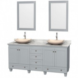 72 inch Double Bathroom Vanity in Oyster Gray, White Carrera Marble Countertop, Arista Ivory Marble Sinks, and 24 inch Mirrors