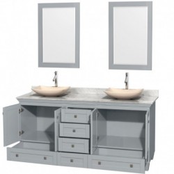 72 inch Double Bathroom Vanity in Oyster Gray, White Carrera Marble Countertop, Arista Ivory Marble Sinks, and 24 inch Mirrors