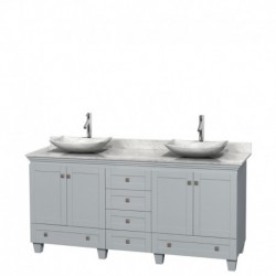 72 inch Double Bathroom Vanity in Oyster Gray, White Carrera Marble Countertop, Arista White Carrera Marble Sinks, and No Mirro