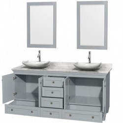 72 inch Double Bathroom Vanity in Oyster Gray, White Carrera Marble Countertop, Arista White Carrera Marble Sinks, and 24 inch