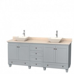 80 inch Double Bathroom Vanity in Oyster Gray, Ivory Marble Countertop, Pyra Bone Porcelain Sinks, and No Mirrors