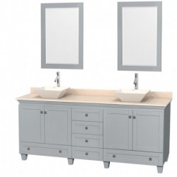 80 inch Double Bathroom Vanity in Oyster Gray, Ivory Marble Countertop, Pyra Bone Porcelain Sinks, and 24 inch Mirrors