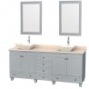 80 inch Double Bathroom Vanity in Oyster Gray, Ivory Marble Countertop, Pyra Bone Porcelain Sinks, and 24 inch Mirrors