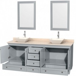 80 inch Double Bathroom Vanity in Oyster Gray, Ivory Marble Countertop, Pyra Bone Porcelain Sinks, and 24 inch Mirrors