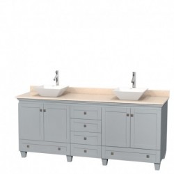 80 inch Double Bathroom Vanity in Oyster Gray, Ivory Marble Countertop, Pyra White Porcelain Sinks, and No Mirrors