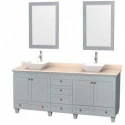 80 inch Double Bathroom Vanity in Oyster Gray, Ivory Marble Countertop, Pyra White Porcelain Sinks, and 24 inch Mirrors