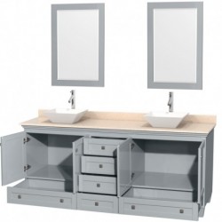 80 inch Double Bathroom Vanity in Oyster Gray, Ivory Marble Countertop, Pyra White Porcelain Sinks, and 24 inch Mirrors