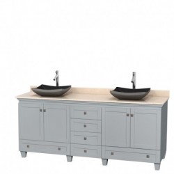 80 inch Double Bathroom Vanity in Oyster Gray, Ivory Marble Countertop, Altair Black Granite Sinks, and No Mirrors
