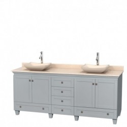 80 inch Double Bathroom Vanity in Oyster Gray, Ivory Marble Countertop, Avalon Ivory Marble Sinks, and No Mirrors