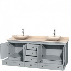 80 inch Double Bathroom Vanity in Oyster Gray, Ivory Marble Countertop, Avalon Ivory Marble Sinks, and No Mirrors