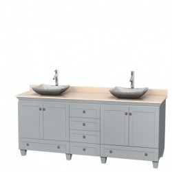 80 inch Double Bathroom Vanity in Oyster Gray, Ivory Marble Countertop, Avalon White Carrera Marble Sinks, and No Mirrors