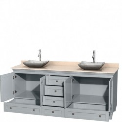 80 inch Double Bathroom Vanity in Oyster Gray, Ivory Marble Countertop, Avalon White Carrera Marble Sinks, and No Mirrors