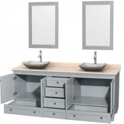 80 inch Double Bathroom Vanity in Oyster Gray, Ivory Marble Countertop, Avalon White Carrera Marble Sinks, and 24 inch Mirrors