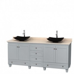 80 inch Double Bathroom Vanity in Oyster Gray, Ivory Marble Countertop, Arista Black Granite Sinks, and No Mirrors
