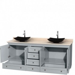80 inch Double Bathroom Vanity in Oyster Gray, Ivory Marble Countertop, Arista Black Granite Sinks, and No Mirrors