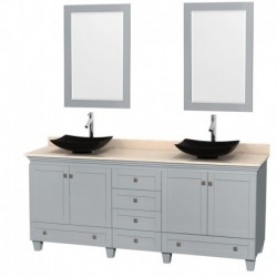 80 inch Double Bathroom Vanity in Oyster Gray, Ivory Marble Countertop, Arista Black Granite Sinks, and 24 inch Mirrors