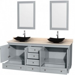 80 inch Double Bathroom Vanity in Oyster Gray, Ivory Marble Countertop, Arista Black Granite Sinks, and 24 inch Mirrors