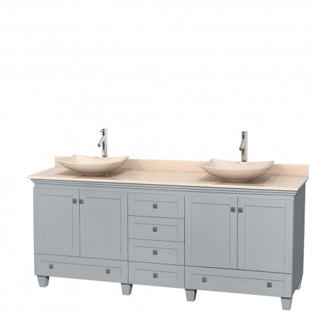 80 inch Double Bathroom Vanity in Oyster Gray, Ivory Marble Countertop, Arista Ivory Marble Sinks, and No Mirrors