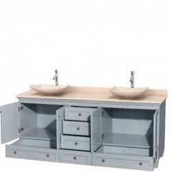 80 inch Double Bathroom Vanity in Oyster Gray, Ivory Marble Countertop, Arista Ivory Marble Sinks, and No Mirrors
