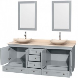 80 inch Double Bathroom Vanity in Oyster Gray, Ivory Marble Countertop, Arista Ivory Marble Sinks, and 24 inch Mirrors