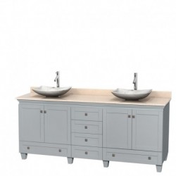 80 inch Double Bathroom Vanity in Oyster Gray, Ivory Marble Countertop, Arista White Carrera Marble Sinks, and No Mirrors