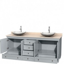 80 inch Double Bathroom Vanity in Oyster Gray, Ivory Marble Countertop, Arista White Carrera Marble Sinks, and No Mirrors