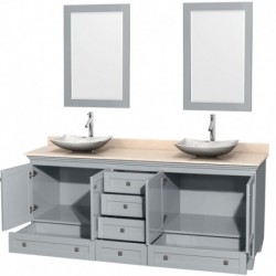 80 inch Double Bathroom Vanity in Oyster Gray, Ivory Marble Countertop, Arista White Carrera Marble Sinks, and 24 inch Mirrors