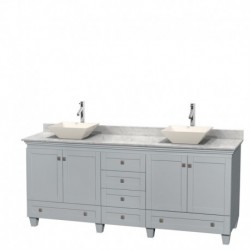 80 inch Double Bathroom Vanity in Oyster Gray, White Carrera Marble Countertop, Pyra Bone Porcelain Sinks, and No Mirrors