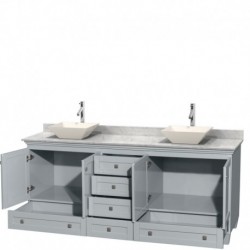 80 inch Double Bathroom Vanity in Oyster Gray, White Carrera Marble Countertop, Pyra Bone Porcelain Sinks, and No Mirrors