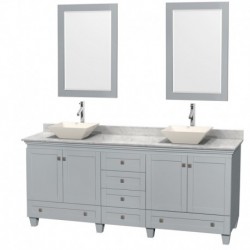 80 inch Double Bathroom Vanity in Oyster Gray, White Carrera Marble Countertop, Pyra Bone Porcelain Sinks, and 24 inch Mirrors