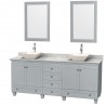 80 inch Double Bathroom Vanity in Oyster Gray, White Carrera Marble Countertop, Pyra Bone Porcelain Sinks, and 24 inch Mirrors