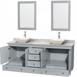 80 inch Double Bathroom Vanity in Oyster Gray, White Carrera Marble Countertop, Pyra Bone Porcelain Sinks, and 24 inch Mirrors