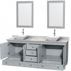 80 inch Double Bathroom Vanity in Oyster Gray, White Carrera Marble Countertop, Pyra White Porcelain Sinks, and 24 inch Mirrors