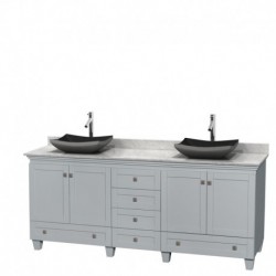 80 inch Double Bathroom Vanity in Oyster Gray, White Carrera Marble Countertop, Altair Black Granite Sinks, and No Mirrors