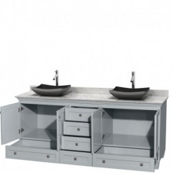 80 inch Double Bathroom Vanity in Oyster Gray, White Carrera Marble Countertop, Altair Black Granite Sinks, and No Mirrors