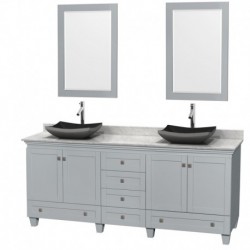 80 inch Double Bathroom Vanity in Oyster Gray, White Carrera Marble Countertop, Altair Black Granite Sinks, and 24 inch Mirrors