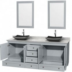 80 inch Double Bathroom Vanity in Oyster Gray, White Carrera Marble Countertop, Altair Black Granite Sinks, and 24 inch Mirrors