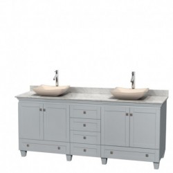 80 inch Double Bathroom Vanity in Oyster Gray, White Carrera Marble Countertop, Avalon Ivory Marble Sinks, and No Mirrors