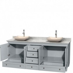 80 inch Double Bathroom Vanity in Oyster Gray, White Carrera Marble Countertop, Avalon Ivory Marble Sinks, and No Mirrors